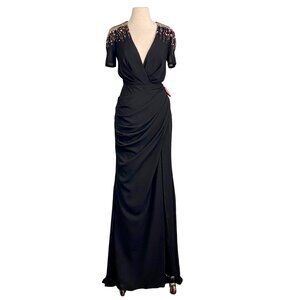 Mac Duggal Black Embellished Shoulder Short Sleeves V-Neck Wrap Dress Size 8 NEW